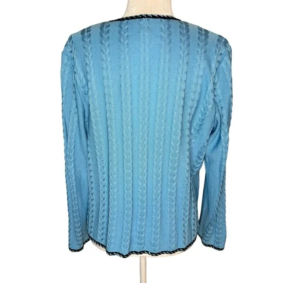 Ming Wang Blue Cable Knit Cardigan L Classic Sweater Black Trim Single Button - Picture 5 of 8